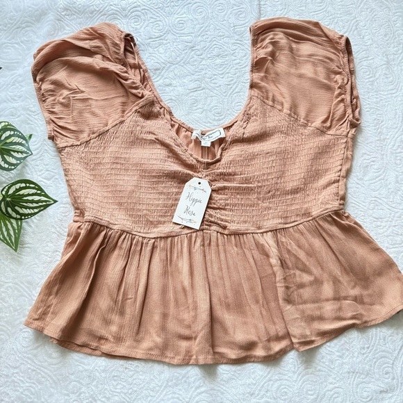 Hippie Rose Tops - Hippie Rose Soft Brown Smocked Peplum Blouse Size XL NWT Boho Flowy